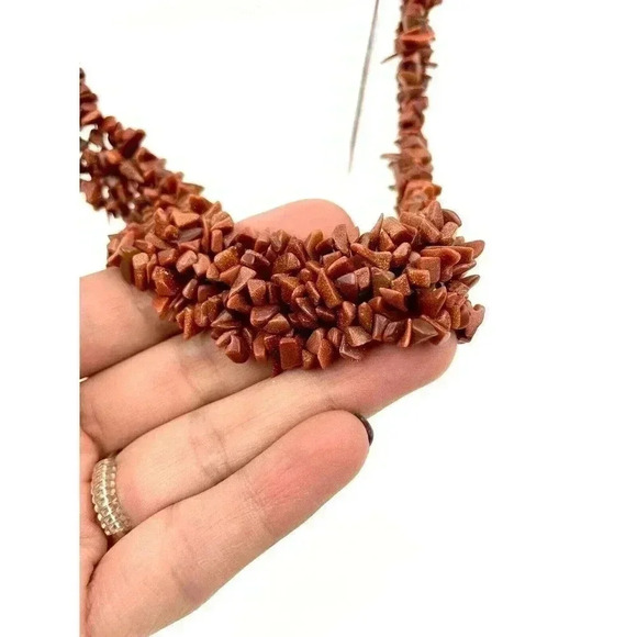 VTG Set Brown Goldstone Speckle Chips Cluster Necklace with Bracelet 925 WJ 18" - Picture 7 of 12